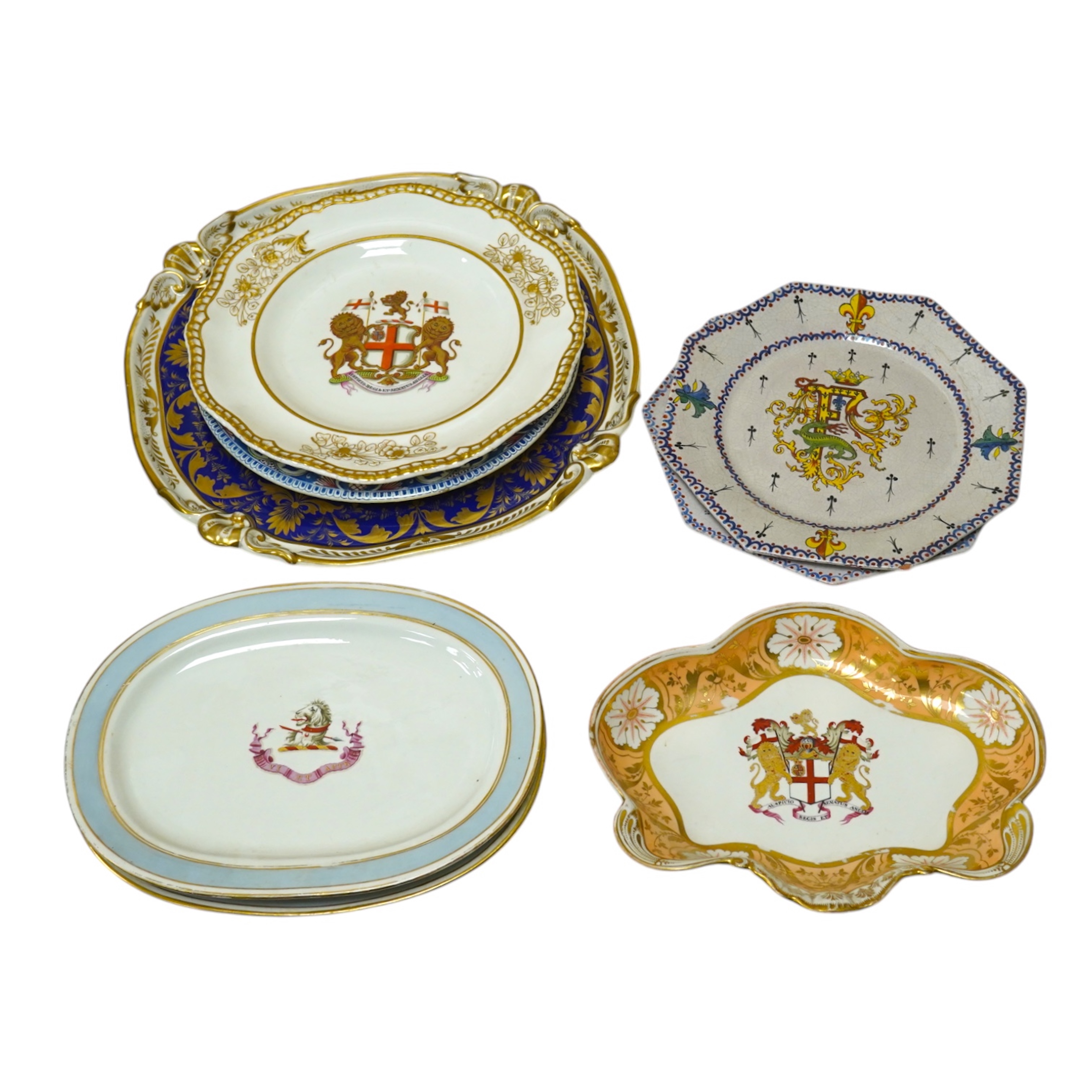 A Chamberlains Worcester armorial dessert dish, and a Spode armorial plate ‘The London’, c.1825 (produced for the Captain of the Ship 'The London’), both bearing the arms of the British East India Company, together with